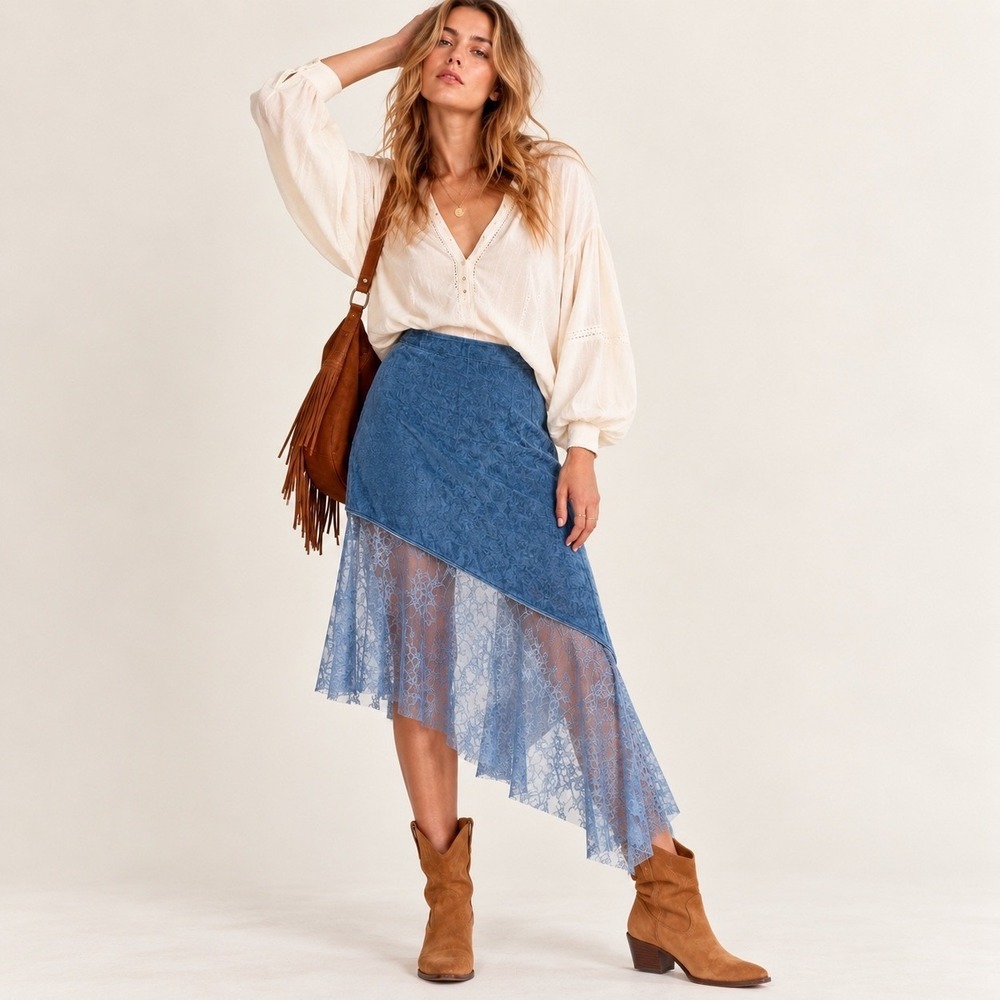 Free People Blue Crushed Velvet Lace Asymmetrical Midi Skirt Size 4 Boho